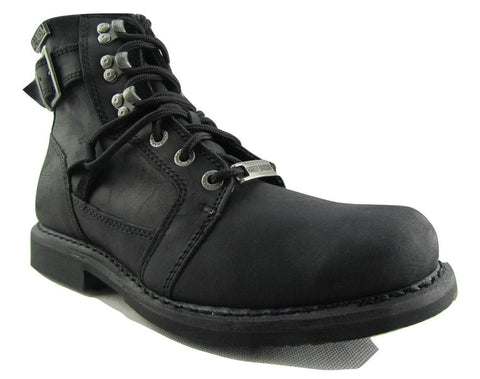 Harley Davidson Harrison Men's Black Leather Biker Boots Hooked Lace Up Buckle - BOOTSANDLEATHER