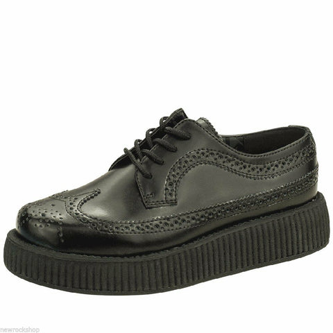 Tuk Av8876 T.U.K. Unisex Shoes Viva Low Sole Creeper Black Wingtip Brogue A8876 - BOOTSANDLEATHER