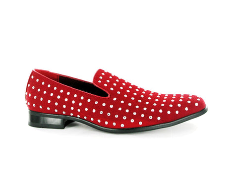 Rossellini Baldoria Mens Shoes Red Faux Suede Studded Heel Loafer Mocasin - BOOTSANDLEATHER