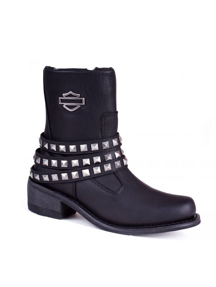 Harley Davidson Ladies Kellyn Black Leather Boot Biker Zip Boots Studs Straps