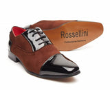 Rossellini Harry Mens Shoes Black Faux Shiny Leather Brown Pointed Casual Shoe - BOOTSANDLEATHER