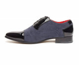 Rossellini Harry Mens Shoes Black Faux Shiny Leather Blue Pointed Casual Shoe - BOOTSANDLEATHER