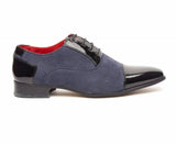 Rossellini Harry Mens Shoes Black Faux Shiny Leather Blue Pointed Casual Shoe - BOOTSANDLEATHER