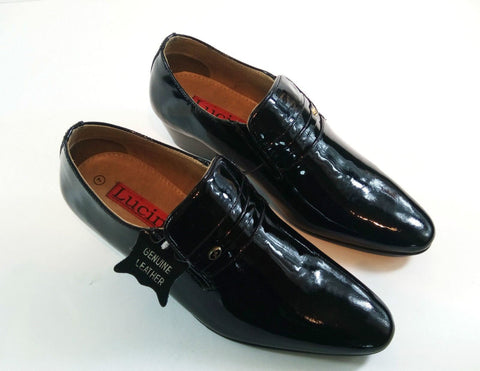 Lucini Formal Mens Moccasin Cuban Heel Leather Slip On Wedding Shoe Black Patent - BOOTSANDLEATHER