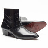 Mens Formal Lucini Cross Leather Cuban Heel Black Wedding Ankle Boots Zip Up - BOOTSANDLEATHER