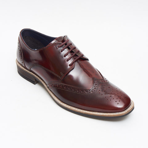 Lucini Formal Men Burgundy Leather Formal Lace-Up Brogues Shoes Wedding Office - BOOTSANDLEATHER