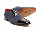 Rossellini Harry Mens Shoes Black Faux Shiny Leather Blue Pointed Casual Shoe - BOOTSANDLEATHER