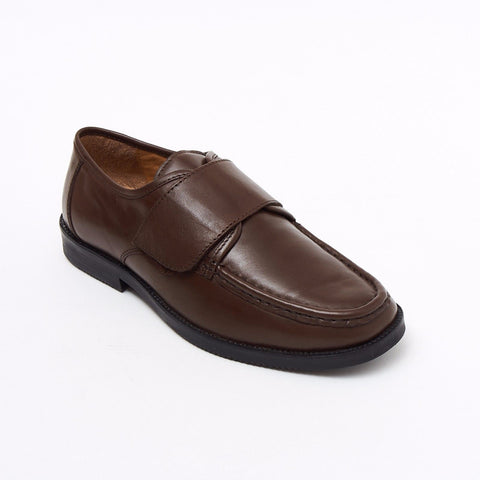 Lucini Formal Men Brown Leather Velcro Heels Smart Shoes Slip On Wedding Loafer - BOOTSANDLEATHER