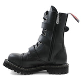 Angry Itch 10 Hole Black Leather Combat Boots 3 Buckle Army Ranger Steel Toe Zip - BOOTSANDLEATHER