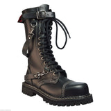 Angry Itch 14 Hole Gothic Punk Black Chain Leather Ranger Boots Steel Toe Zip - BOOTSANDLEATHER