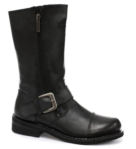 Harley Davidson Ladies Brenna 11" Engineer Boot Black Leather Zip Biker Boots - BOOTSANDLEATHER