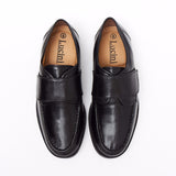 Lucini Formal Men Black Leather Velcro Heels Smart Shoes Slip On Wedding Loafer - BOOTSANDLEATHER