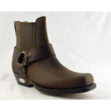 Loblan 096 Brown Leather Cowboy Ankle Boots Biker Western Square Chisel Toe Boot - BOOTSANDLEATHER