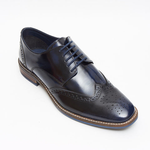 Lucini Formal Men Blue Navy Leather Formal Lace-Up Brogues Shoes Wedding Office - BOOTSANDLEATHER