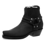 Grinders Harness Lo Black Leather Cowboy Biker Ankle Boots - BOOTSANDLEATHER