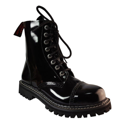 Angry Itch 8 Hole Combat Boots Black Patent Leather Ranger Steel Toe Punk - BOOTSANDLEATHER