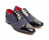 Rossellini Harry Mens Shoes Black Faux Shiny Leather Blue Pointed Casual Shoe - BOOTSANDLEATHER