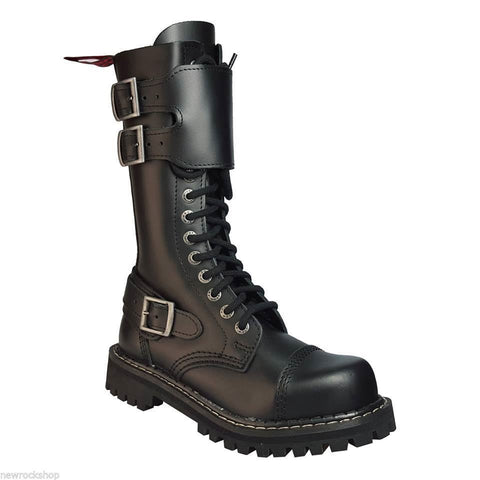 Angry Itch 14 Hole Gothic Punk Black Buckle Leather Ranger Boots Steel Toe Zip - BOOTSANDLEATHER
