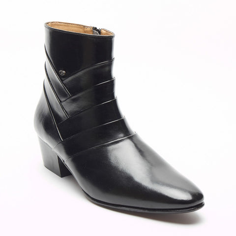 Mens Formal Lucini Cross Leather Cuban Heel Black Wedding Ankle Boots Zip Up - BOOTSANDLEATHER