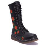 Truffle Buk 80 Red Embroiled Floral Mid High Vegan Combat Black Boots - BOOTSANDLEATHER