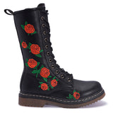 Truffle Buk 80 Red Embroiled Floral Mid High Vegan Combat Black Boots - BOOTSANDLEATHER